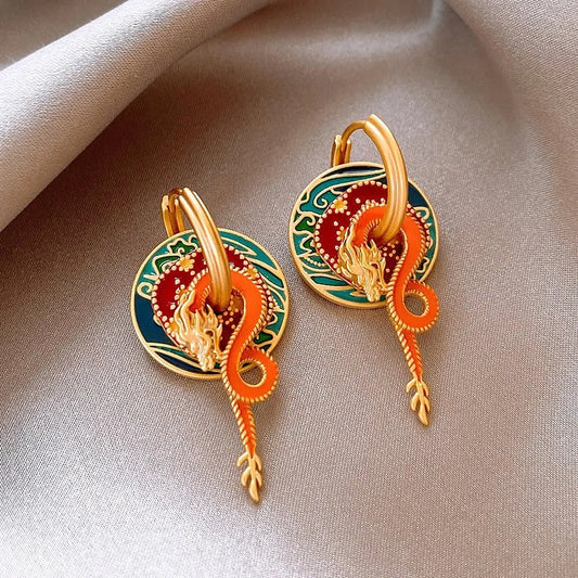 Classic Gold Colorful Dragon & Flame Design Earrings-Maryam Jewelry