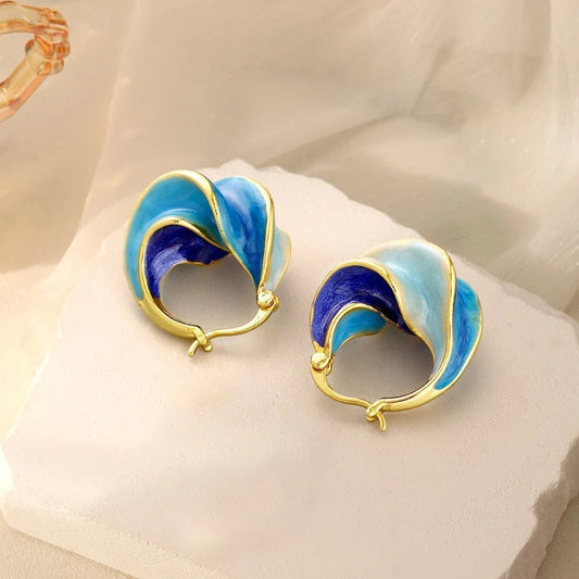 Gold & Blue Wave Hoop Earrings-Maryam Jewelry
