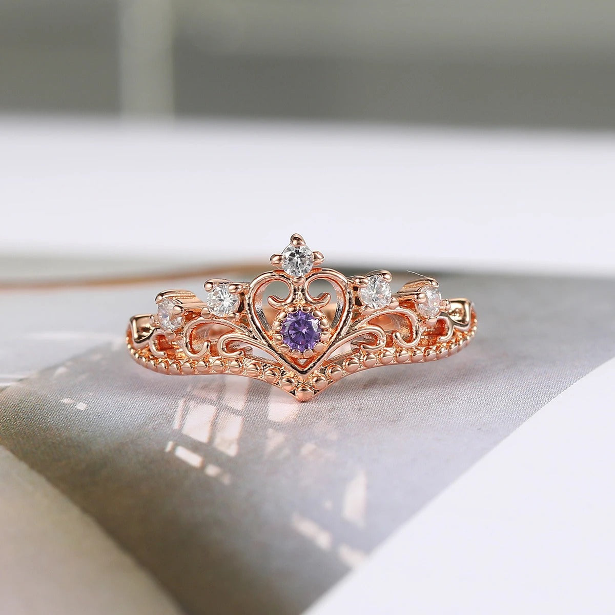 Princess Crown Rose Gold & Purple Crystal Ring-Maryam Jewelry