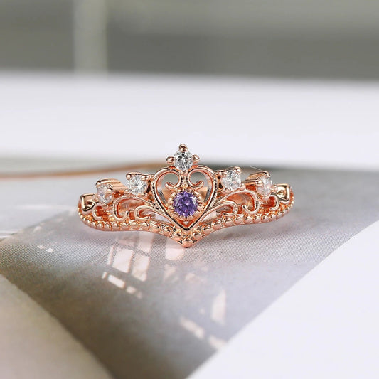 Princess Crown Rose Gold & Purple Crystal Ring-Maryam Jewelry