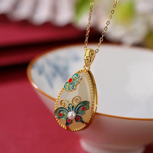 Classic Gold Butterfly & Floral Vintage Pearl Design Necklace-Maryam Jewelry
