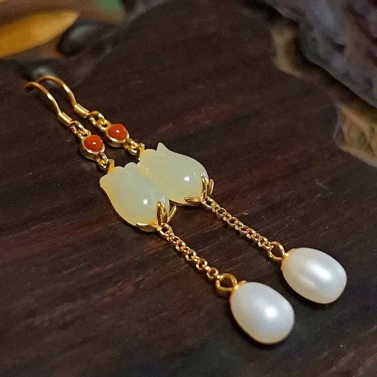 Classic Gold & Ivory Chain Jade Flower Pearl Earrings-Maryam Jewelry