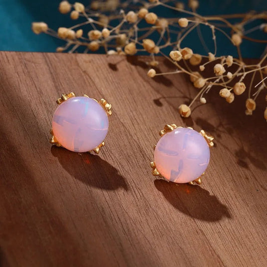 Classic Gold Pink Opal Stone & Delicate Floral Design Earrings-Maryam Jewelry