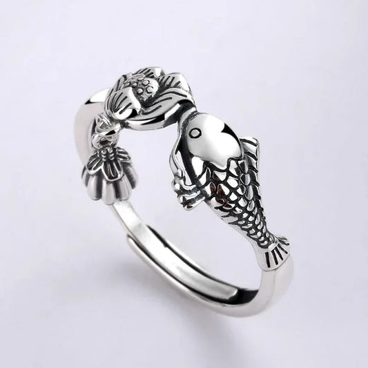 Vintage Silver Fish & Flower Design Adjustable Ring-Maryam Jewelry
