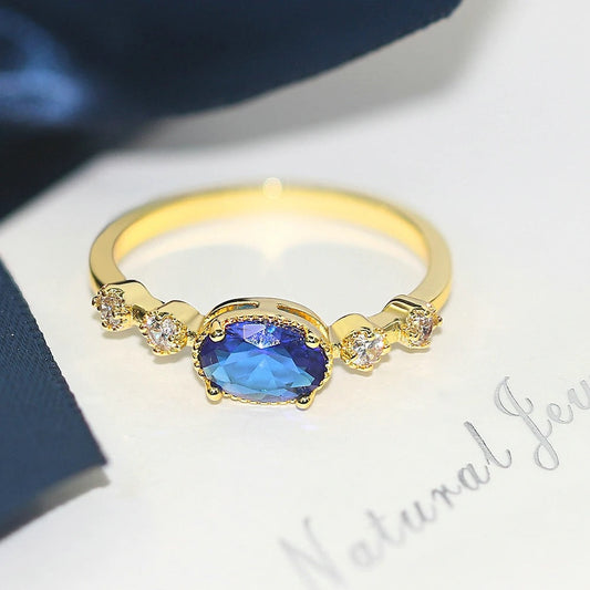 Vintage Gold Blue Oval Crystal Ring-Maryam Jewelry