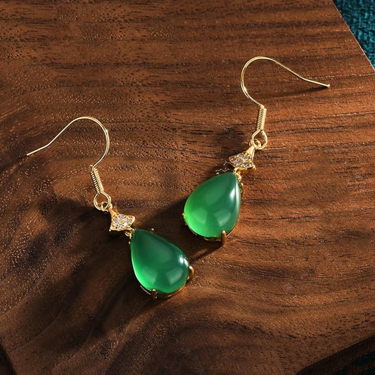 Timeless Green & Vintage Gold Twist Design Teardrop Earrings-Maryam Jewelry