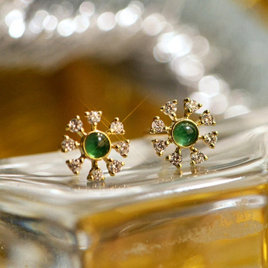 Vintage Gold Green Stone & Crystal Earrings-Maryam Jewelry