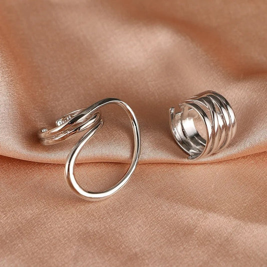 Classic Silver Twisted Swirl & Layered Adjustable Ring Set-Maryam Jewelry