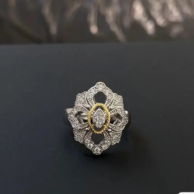 Vintage Gold & Silver Floral Diamond Adjustable Ring-Maryam Jewelry