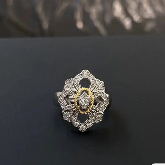 Vintage Gold & Silver Floral Diamond Adjustable Ring-Maryam Jewelry