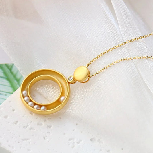 Classic Gold Matte Pearl & Circle Design Pendant Necklace-Maryam Jewelry