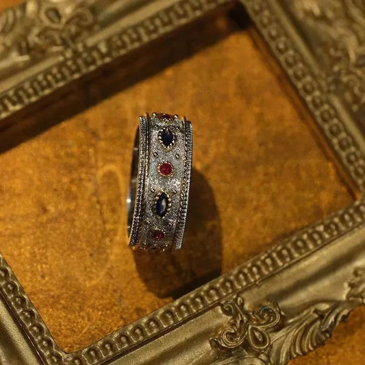 Vintage Silver Palace Style Inlaid Red & Blue Crystal Ring-Maryam Jewelry