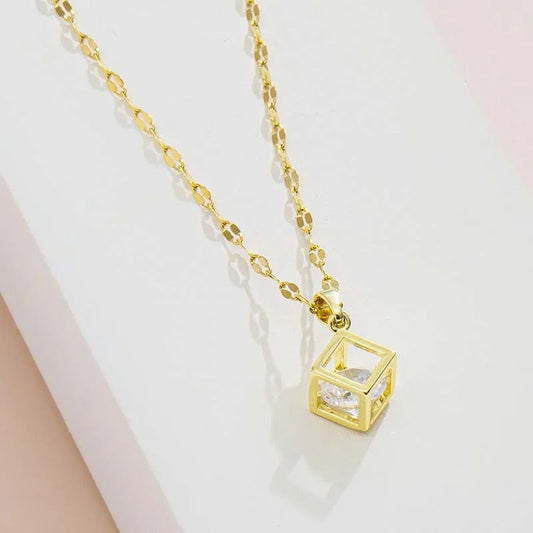 Vintage Gold Crystal-Clear Cube Pendant Necklace-Maryam Jewelry