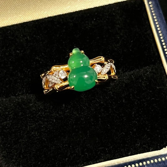 Vintage Green Bamboo Knot Gourd & Diamond Gold Adjustable Ring-Maryam Jewelry