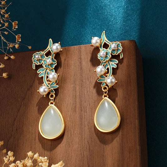 Classic Gold & Green Floral Inlaid Pearl Jade Water Drop Earrings-Maryam Jewelry