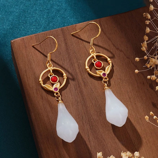 Vintage Gold Circle Red Teardrop Charm Earrings-Maryam Jewelry