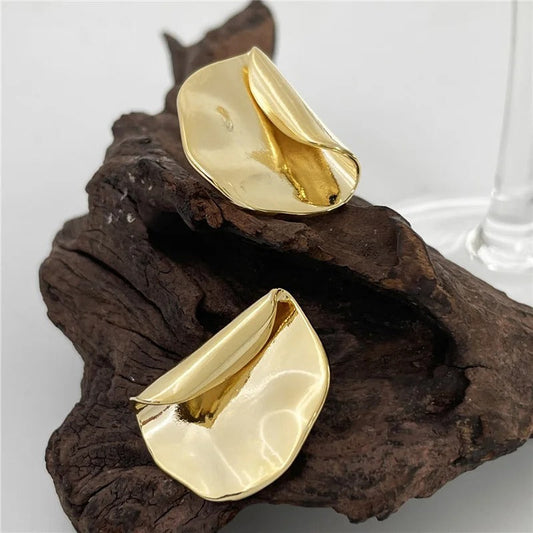 Classic Gold Wavy Folded Ruffle Stud Earrings-Maryam Jewelry