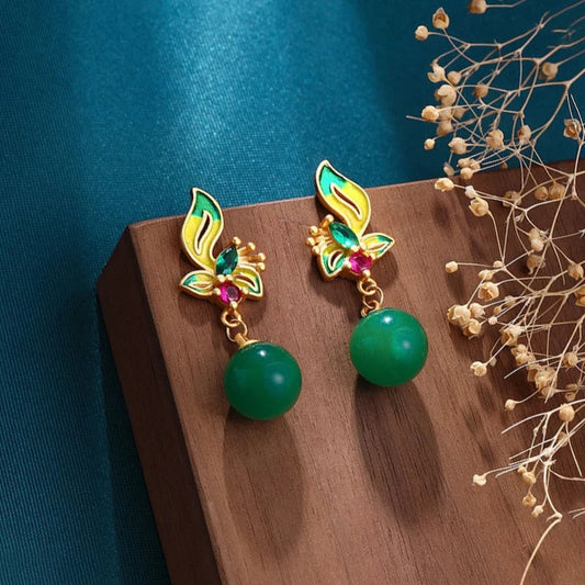Classic Gold Green Bead & Floral Enamel Dangle Earrings-Maryam Jewelry
