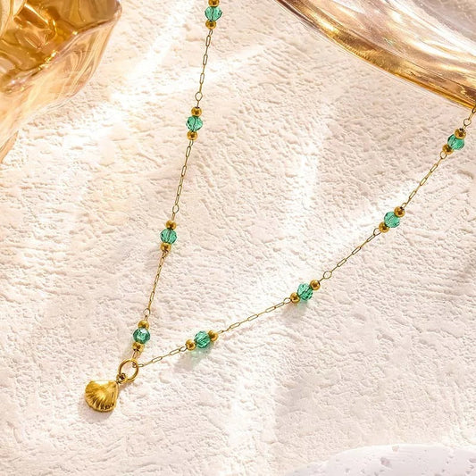 Gold Green Crystal & Sea Shell Charm Necklace-Maryam Jewelry