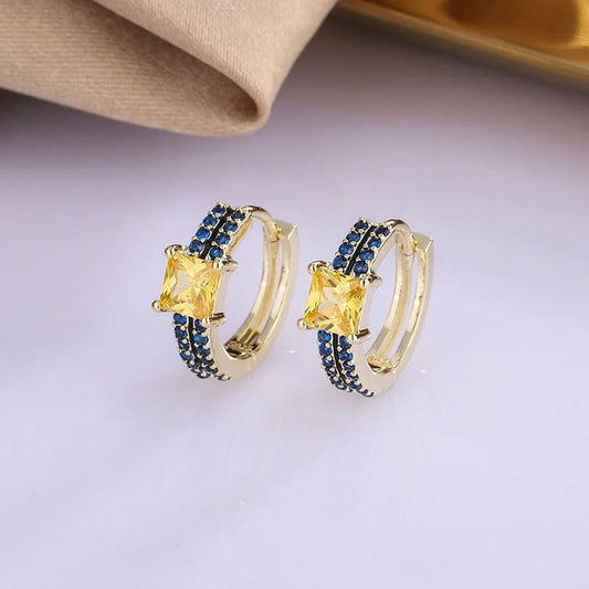 Classic Gold Yellow & Blue Square Gemstone Hoop Earrings-Maryam Jewelry