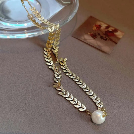 Gold Large Pearl Pendant & Leaf Pattern Necklace-Maryam Jewelry