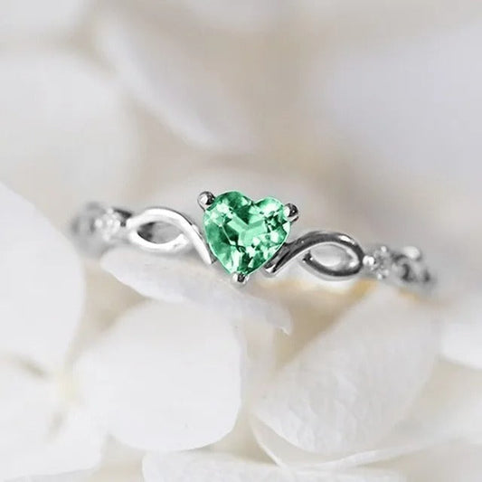 Classic Silver Green Heart Gemstone Swirl Ring-Maryam Jewelry