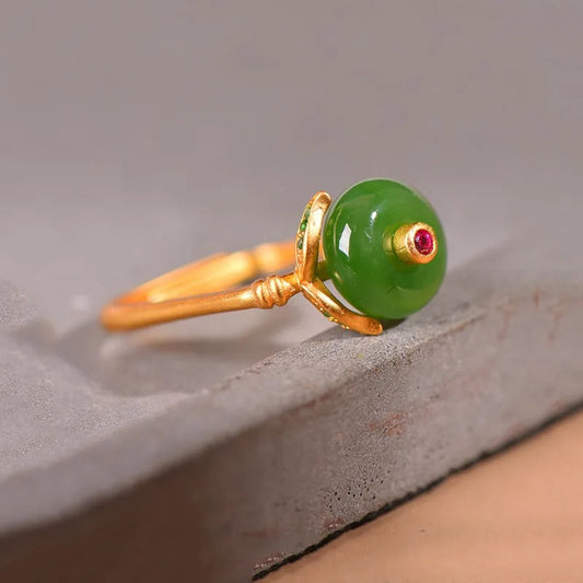 Vintage Gold Green Gemstone & Unique Square Adjustable Ring-Maryam Jewelry