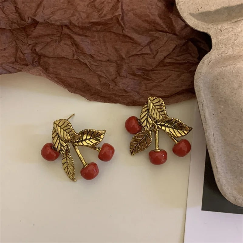 Classic Gold Red Cherry Stud Earrings-Maryam Jewelry