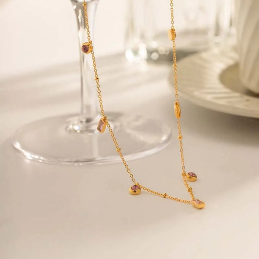 Vintage Delicate Pink Crystal Gold Necklace-Maryam Jewelry