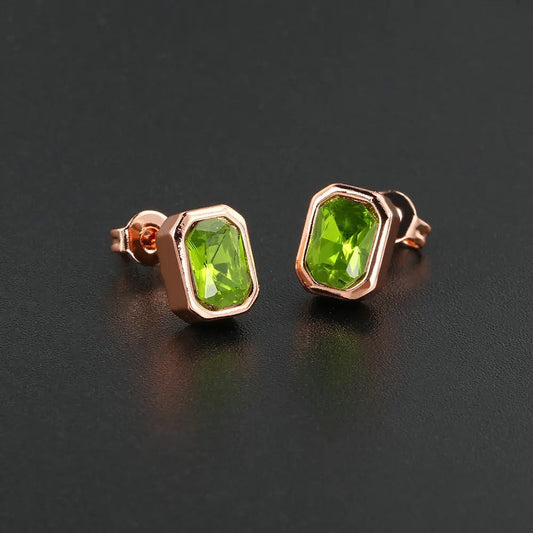 Vintage Rose Gold Green Rectangular Gemstone Earrings-Maryam Jewelry