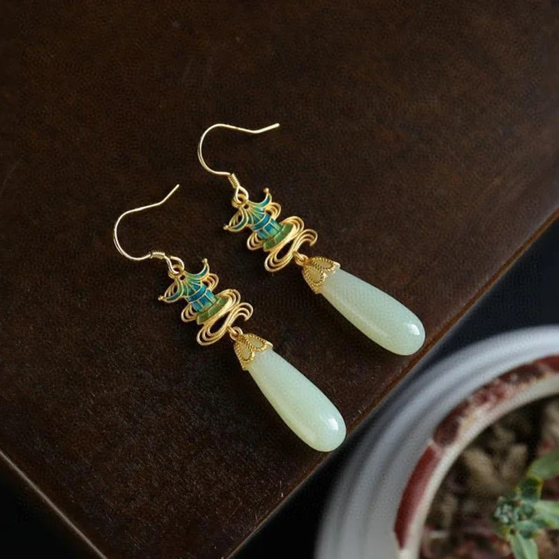 Classic Gold & Teal Drop Jade Earrings-Maryam Jewelry