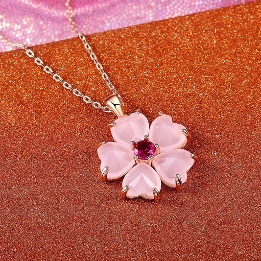 Gold Pink Flower Pendant Necklace-Maryam Jewelry