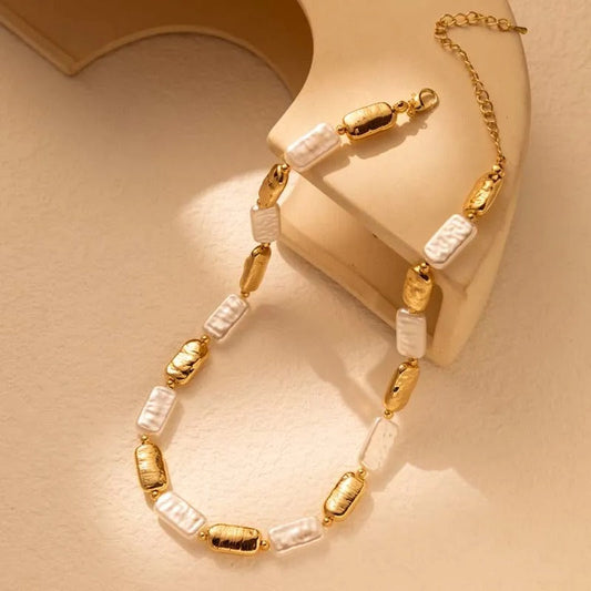 Vintage Gold & White Rectangular Bead Pearl Necklace-Maryam Jewelry