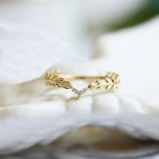 Vintage Gold V-Shaped Leaf Design & Crystal Ring-Maryam Jewelry