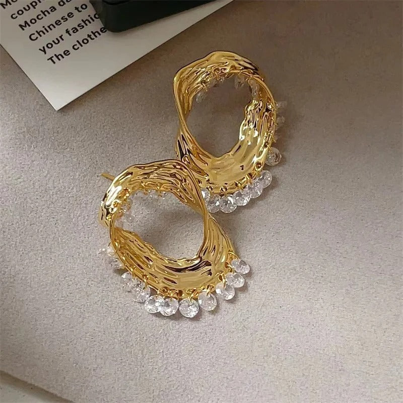 Classic Gold Crystal Drop & Sculpted Wave Earrings-Maryam Jewelry
