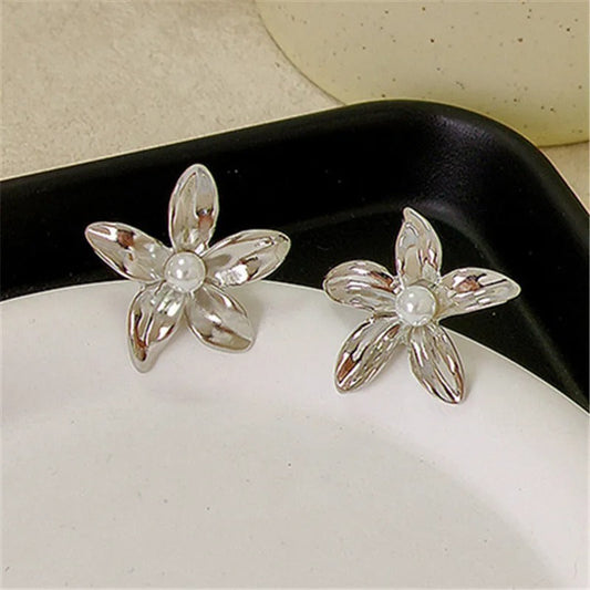 Classic Silver Flower White Pearl Accent Earrings-Maryam Jewelry