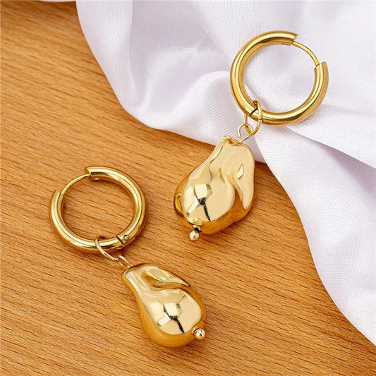 Vintage Gold Pear-Shaped Dangle Hoop Earrings-Maryam Jewelry