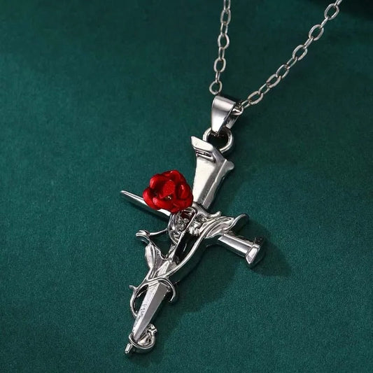 Silver Religious Cross & Rose Thorn Necklace-Maryam Jewelry