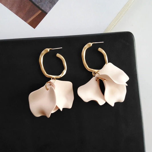 Vintage Gold Soft Pink Petal Design Hoop Earrings-Maryam Jewelry