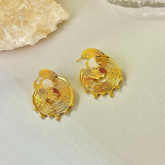 Vintage Gold Wave Round Double Hoop Stud Earrings-Maryam Jewelry