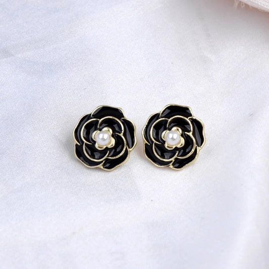 Black Enamel Flower Pearl Earrings-Maryam Jewelry