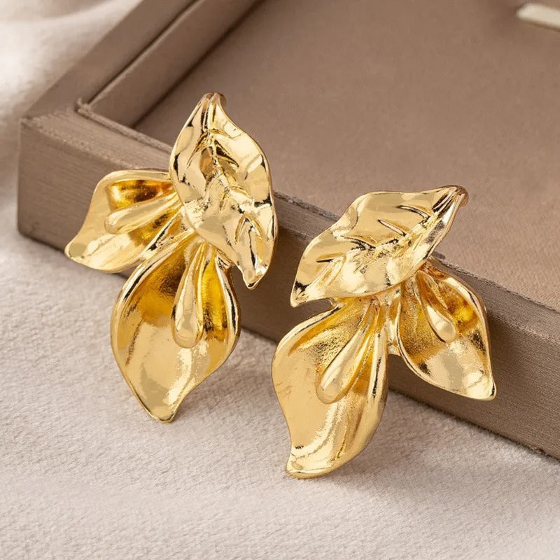 Vintage Gold Asymmetric Leaf Flower Stud Earrings-Maryam Jewelry