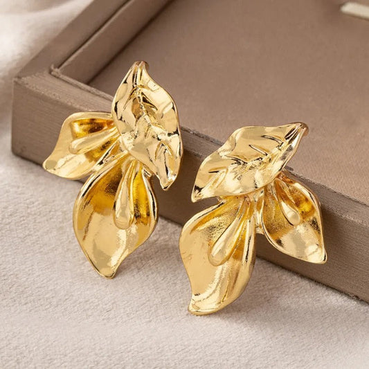 Vintage Gold Asymmetric Leaf Flower Stud Earrings-Maryam Jewelry
