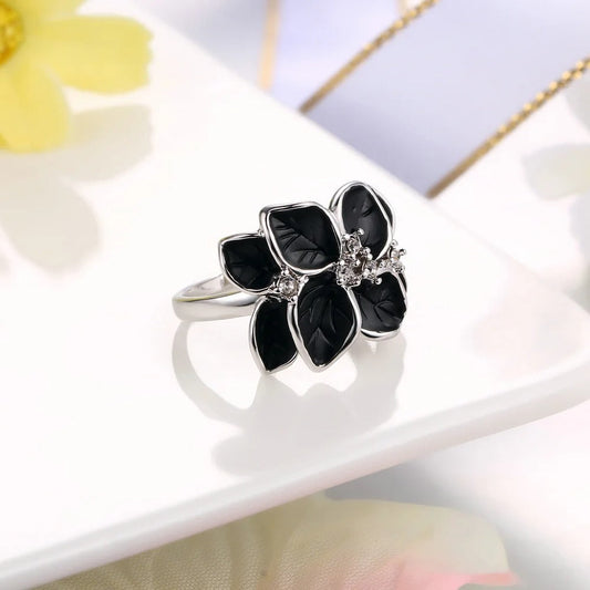 Classic Silver Black Floral Leaf Ring-Maryam Jewelry
