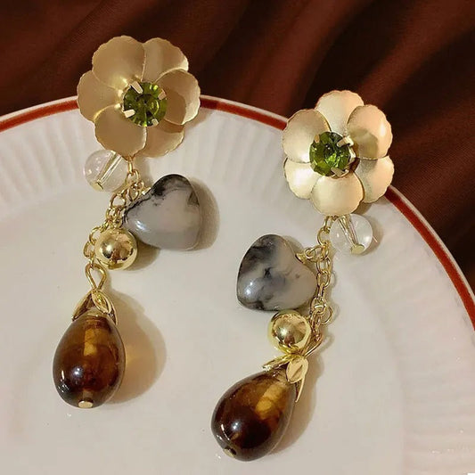 Classic Gold Flower Earthy Gemstone Dangle Earrings-Maryam Jewelry