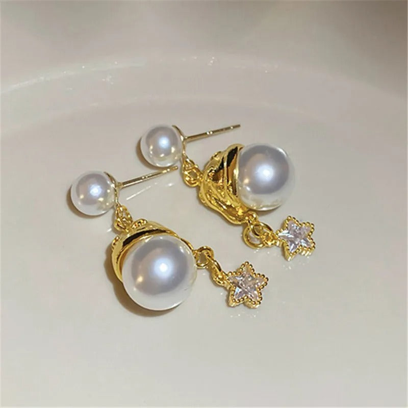 Antique Style Pearl & Sparkling Star Charm Gold Earrings-Maryam Jewelry