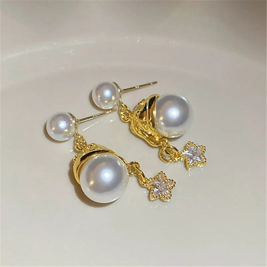 Antique Style Pearl & Sparkling Star Charm Gold Earrings-Maryam Jewelry