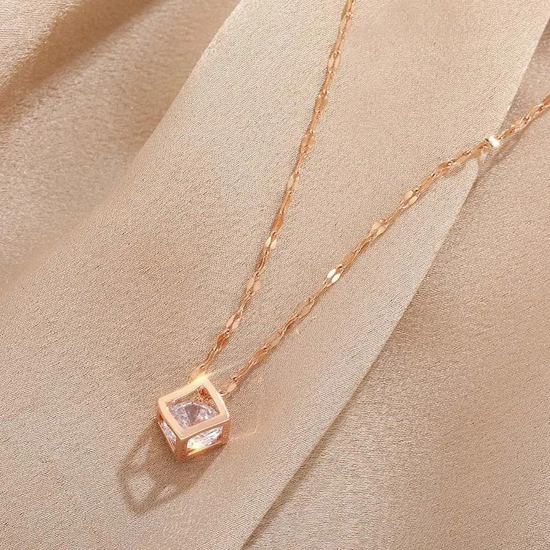 Vintage Rose Gold Crystal-Studded Square Pendant Necklace-Maryam Jewelry