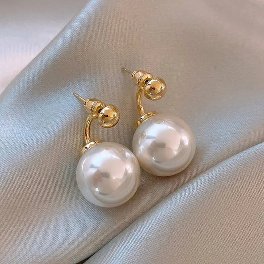Classic White Pearl & Curved Gold Earrings-Maryam Jewelry