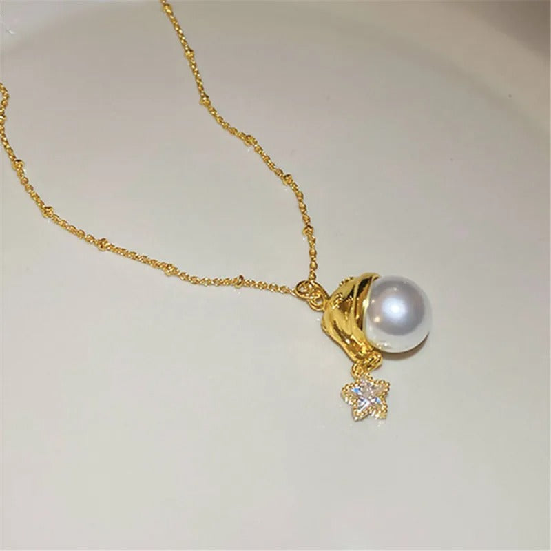 Vintage Gold Pearl Pendant & Star Charm Necklace-Maryam Jewelry